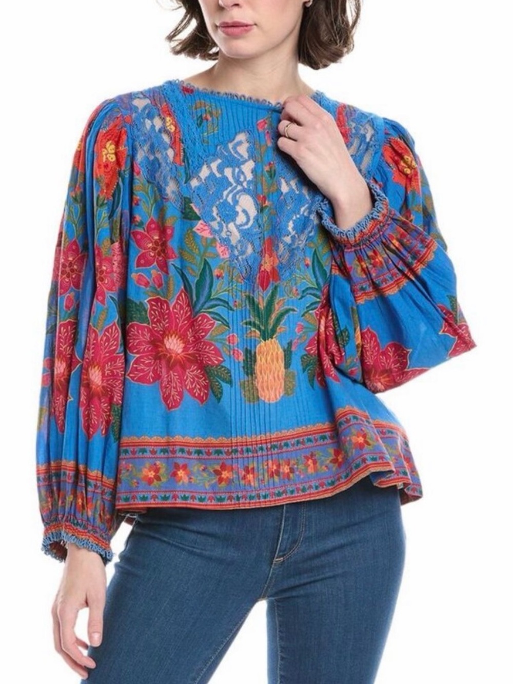 farm rio blue floral Blouse Bubble Sleeve With Tassels Tropical Island Beach - Picture 4 of 12